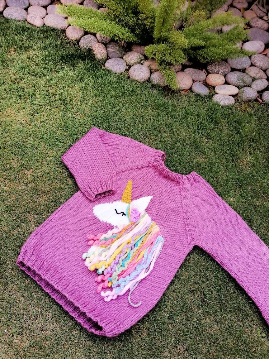 Handknit Unicorn Pullover sweater for Girls, 1 year to 12 years size