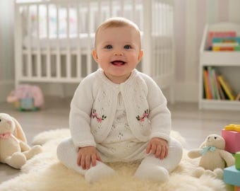 Handgebreide babywinterkledingset: bolero, romper, kussen, deken. Aangepaste opties, 0-6 maanden