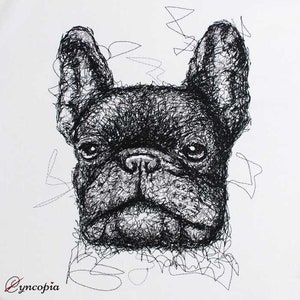 Pode incluir: Desenho a preto e branco da cabeça de um Bulldogue Francês. O desenho é feito com muitas linhas pequenas que criam um efeito de textura.