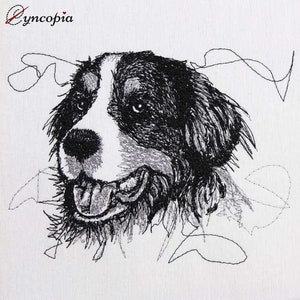May include: Black and white embroidered image of a Bernese Mountain Dog with its tongue sticking out.