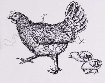 Archivo de bordado gallina con pollitos garabatos