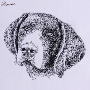 May include: Black and white line art illustration of a dog's head. The dog has floppy ears and a serious expression.