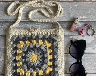 Yellow and Grey Granny Square Bag- Crossbody Bag - Lined Crochet Bag