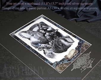 HD-Kunstdruck von „Flos Earinus“ – mit Passepartout 30x40 cm auf dickem schwarzem Karton, silbernes Emblem mit Pinsel aufgetragen.