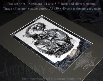 HD-Kunstdruck von „La Surprise“ – mit Passepartout 30x40 cm auf dickem schwarzem Karton, silbernes Emblem mit Pinsel aufgetragen.