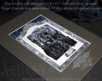 HD-Kunstdruck von „Sybille“ – mit Passepartout 30x40 cm auf dickem schwarzem Karton, silbernes Emblem mit Pinsel aufgetragen.