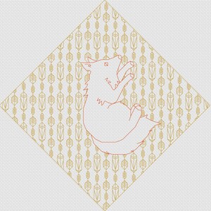 K&ouml;nnte beinhalten: Eine stilisierte Linienzeichnung eines Wolfes, der zum Mond heult, vor einem Hintergrund aus sich wiederholenden geometrischen Mustern in Gold.