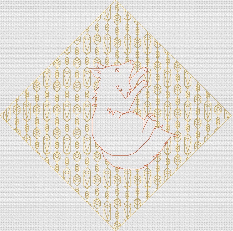 K&ouml;nnte beinhalten: Eine stilisierte Linienzeichnung eines Wolfes, der zum Mond heult, vor einem Hintergrund aus sich wiederholenden geometrischen Mustern in Gold.