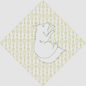 K&ouml;nnte beinhalten: Linienkunst-Illustration eines heulenden Wolfes vor einem geometrischen Hintergrundmuster. Der Wolf befindet sich in einer Diamantenform mit einem gr&uuml;n-wei&szlig;en Muster.