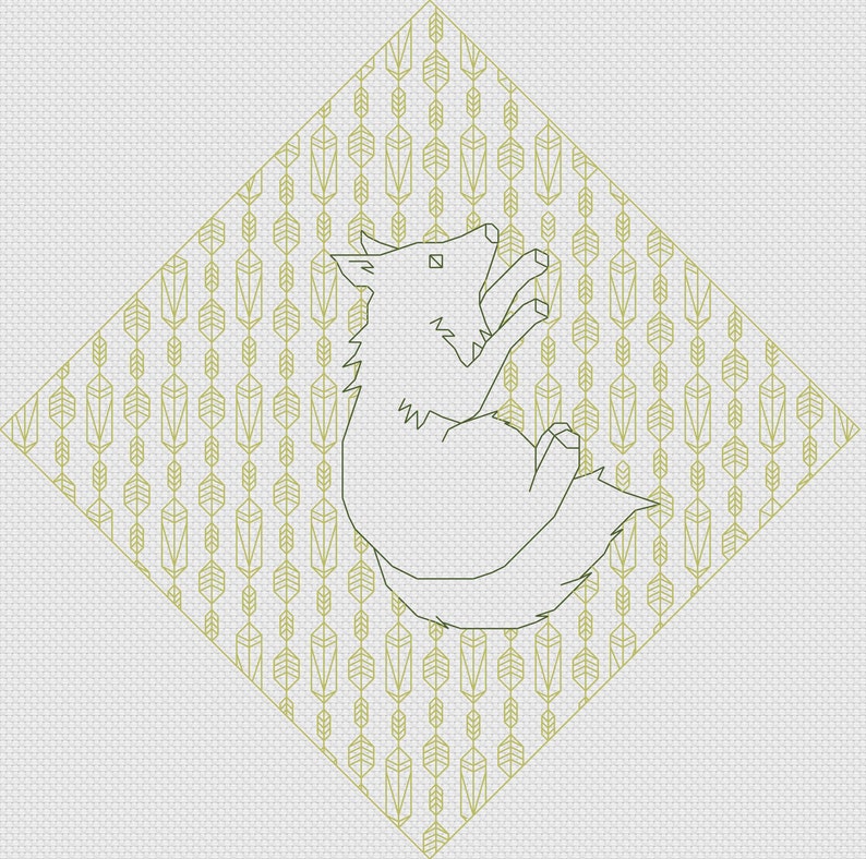 K&ouml;nnte beinhalten: Linienkunst-Illustration eines heulenden Wolfes vor einem geometrischen Hintergrundmuster. Der Wolf befindet sich in einer Diamantenform mit einem gr&uuml;n-wei&szlig;en Muster.