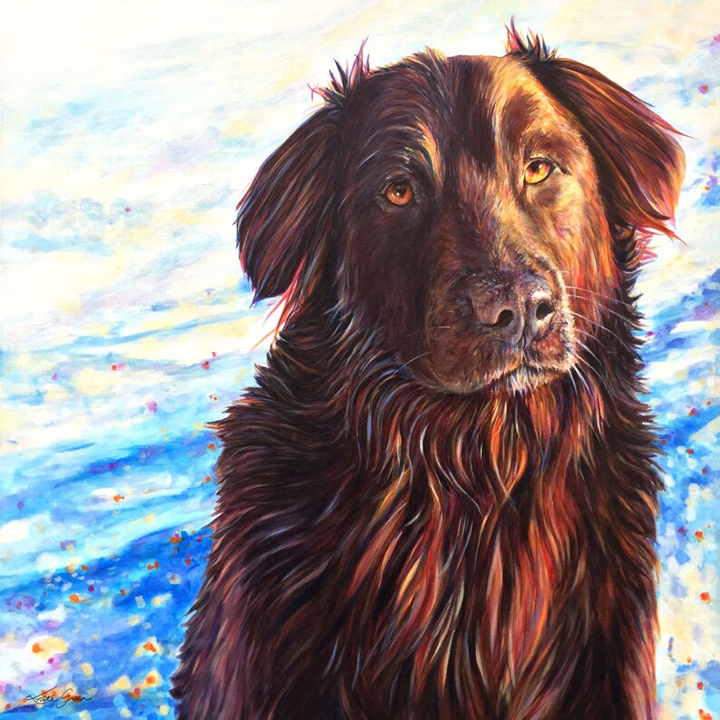 Dog Print Long Haired Retriever Mix Black Brown Dog With Snow Etsy