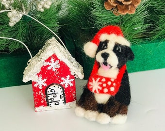 Dog,Needle Felted santa dog and house,custom replica Bernese dog,2 pcs of set,Christmas tree hanging Ornament,gift,unique,Xmas decoration