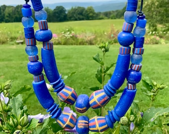 African Bead Necklace Cobalt Blue African-made Beads on Leather Cord Ethnic Tribal Statement Necklace Chunky FairTrade Beads Leather Jewelry