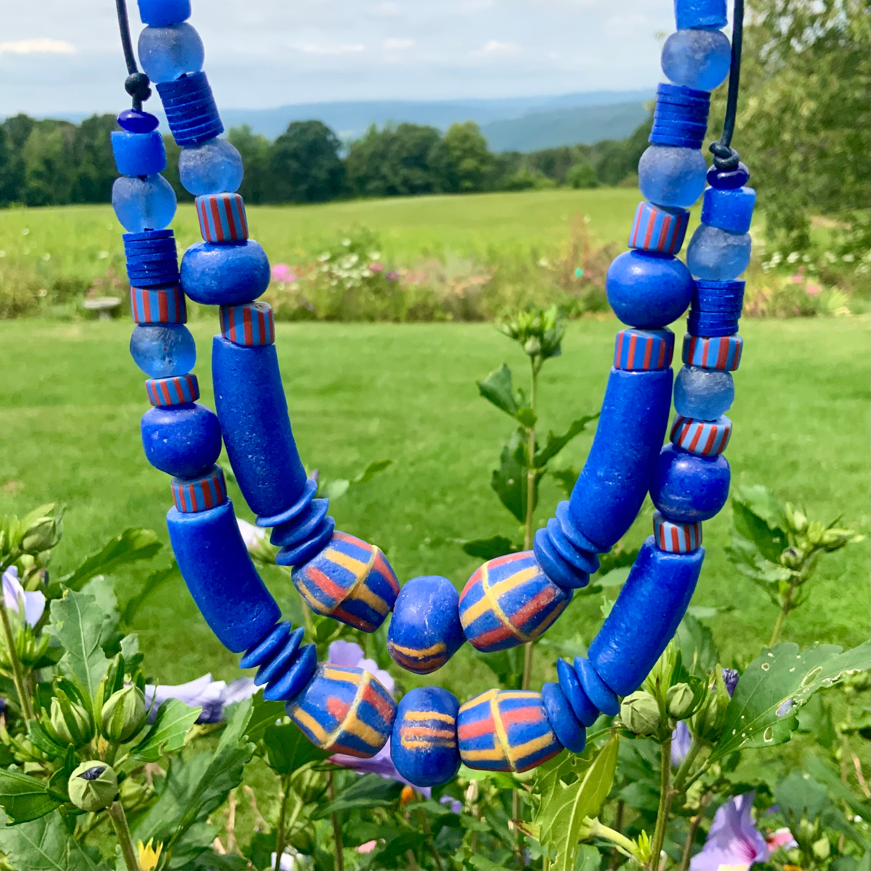 African Bead Necklace Cobalt Blue African-made Beads on Leather