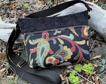 Bohemian Paisley Crossbody Bag Black Chenille Tapestry Medium Size Everyday Travel Wide Adjustable Strap