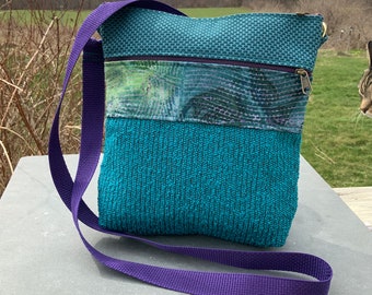 Turquoise Fabric Crossbody Bag Vegan Bag Super Quality Upholstery Tapestry Medium Size Everyday Shoulder Bag with Pockets Adjustable Strap