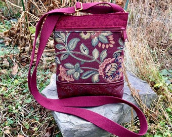 Small Burgundy Tapestry Bag Crossbody Travel Adjustable Strap Bohemian Floral Minimalist Upcycled