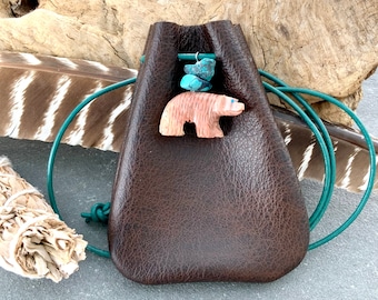 Medicine Bag Bear Spirit Animal Leather Medicine Pouch Bear Totem Amulet Crystal Bag Shaman Ceremony Necklace Pouch Native Tribal Ethnic