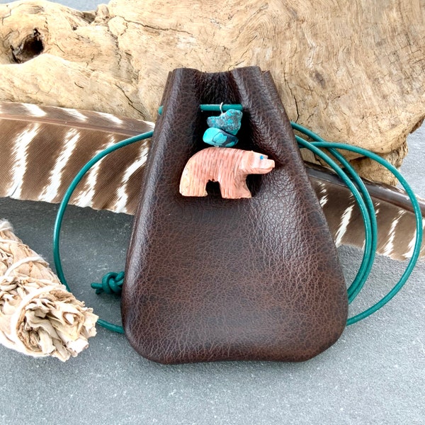 Medicine Bag Bear Spirit Animal Leather Medicine Pouch Bear Totem Amulet Crystal Bag Shaman Ceremony Necklace Pouch Native Tribal Ethnic