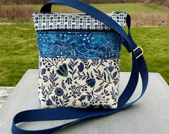 Small Crossbody Bag Classic Blue & White Floral Tapestry Minimalist Everyday Upcycled Upholstery Chenille