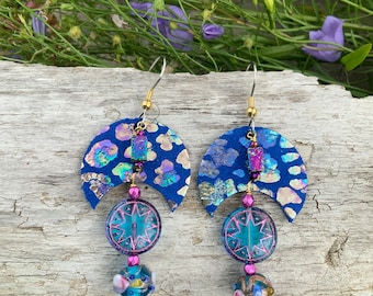 Star of Ishtar Earrings Rainbow Leopard Leather Wicca Pagan Goddess Earth Mother Mystical Celestial