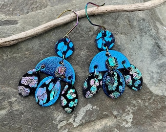 Small Size Dangle Earring Short Chandelier Mystic Midnight Iridescent Rainbow Peacock Leather Bohemian Gypsy