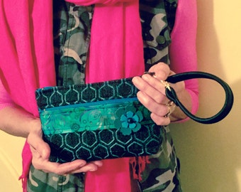 Wristlet Clutch Black & Emerald Green Phone Bag Wallet Bohemian Tapestry Black Leather Strap Everyday Wristlet Evening Bag Small Handbag
