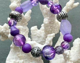 Vibrant Bohemian Purple Stretch Bracelet Magical Mystical Exotic Deep Jewel Color Upcycled Reclaimed Beads