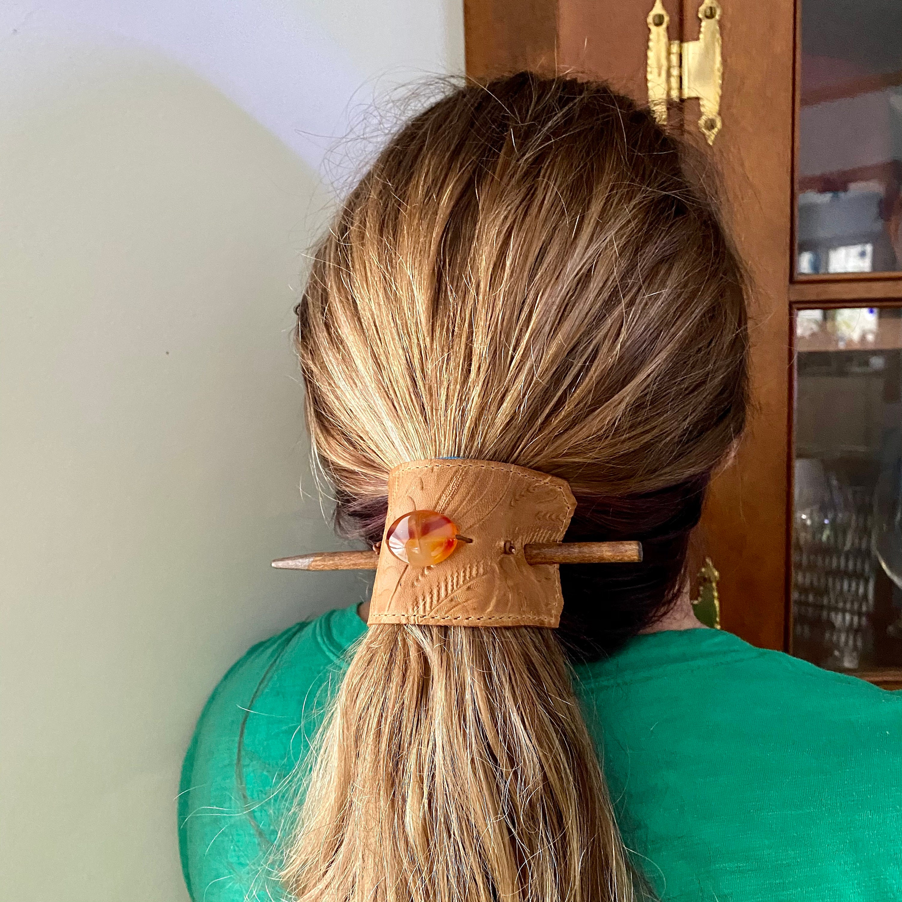 Vintage 1970s Leather Hair Slide Barrette Floral Hand Tooled Boho Wood Stick Pin Leather Vintage Hair Accessories for sale | eBay main image 3