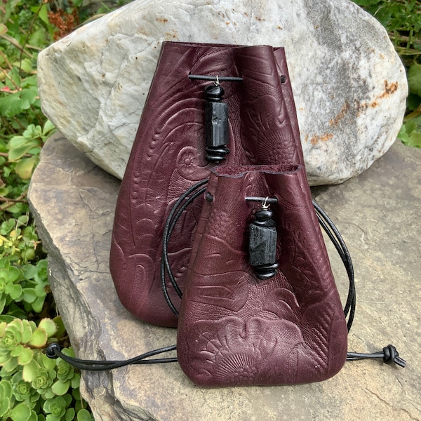 Burgundy Leather Medicine Bag Black Tourmaline Crystal Bag Medicine Pouch Metaphysical Healing Stone Amulet Pagan Wicca Festival Gift to Him