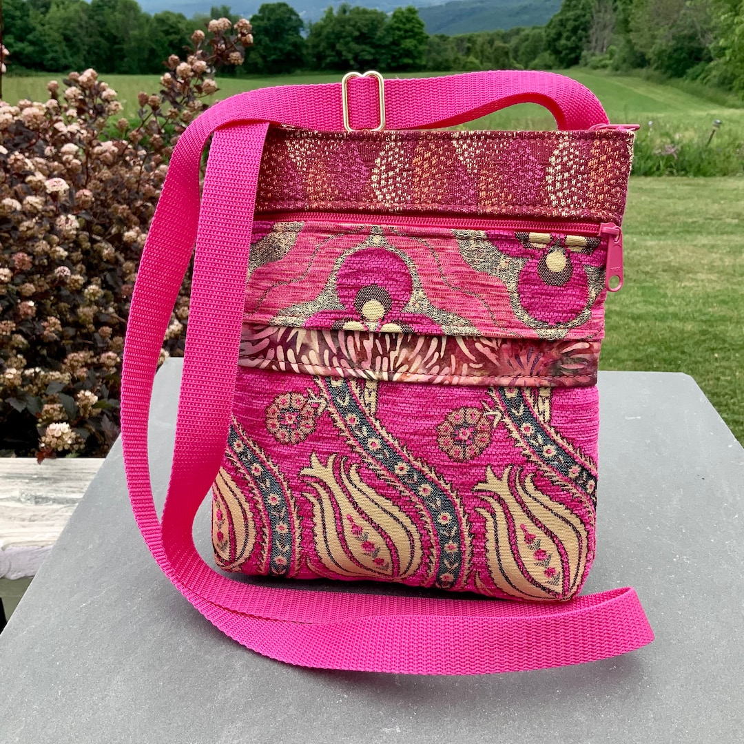 Fabric Crossbody Bag Medium Vegan Bag Boho Floral Chenille Hot Pink