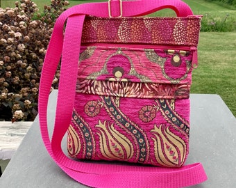 Fabric Crossbody Bag Medium Vegan Bag Boho Floral Chenille Hot Pink Tapestry Everyday Bag  Adjustable Strap Festival Travel Organizer Bag