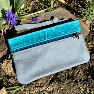 Italian Leather Wallet clutch phone case makeup accessories bag pockets zippers Sky Blue Aqua Blue embossed leather Pat Halpen design