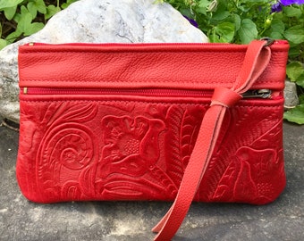 Flat Leather Wallet Red Leather Clutch Slim Zipper Wallet Purse Organizer Red Italian Leather Phone Bag Everyday Bag Mom Gift for Her