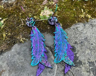 Iridescent Purple Leather Feather Earrings Bohemian Gypsy Glam Metallic Titanium Rainbow Long Dangle Drop