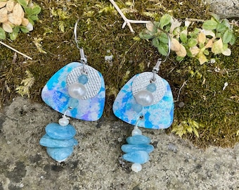 Freshwater Pearl & Aquamarine Gemstones Leather Earrings Elegant Unique Baroque Handmade Dangle Drop Boho FairyCore