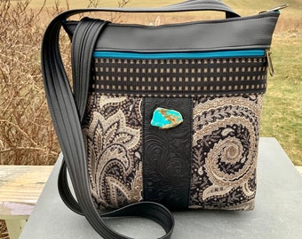 Vegan Leather Crossbody Bag Shoulder Travel Bag Black & White Paisley Fabric Black Faux Leather Large Everyday Bag Aqua Terra Jasper Stone