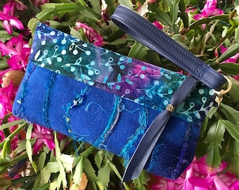 Clutch Wristlet Evening Bag Small Purse Handpainted Felted Wool Detachable Leather Strap  Fiber Art