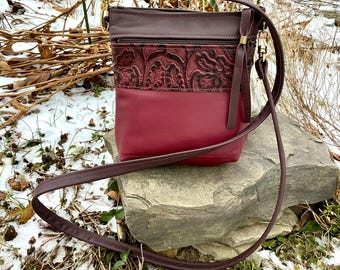 Small Crossbody Designer Bag Minimalist Organizer Burgundy Tooled Western Leather Everyday Travel