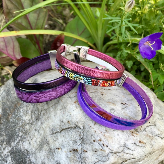 Purple Leather Bracelet Stacking Bracelet Spanish Italian Leather