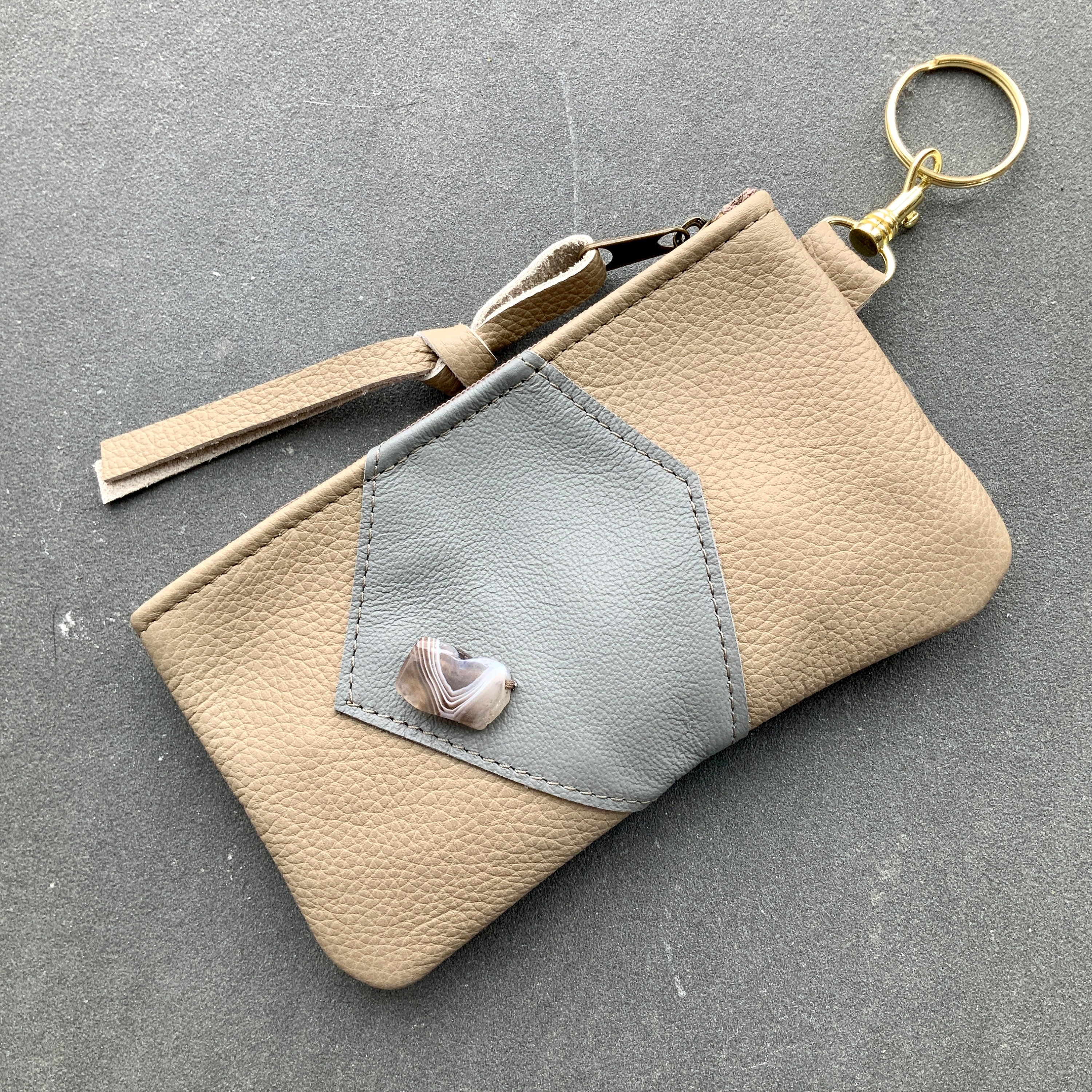 Designer Leather Wallet Clutch Glasses Case Key Case Gemstone Agate Accent Slim Zipper Wallet Minimalist Wallet Purse Organizer Gift for Her
