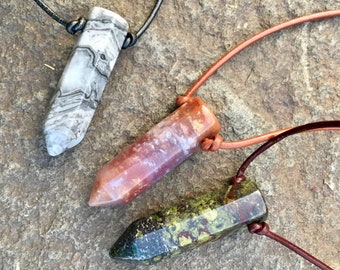 Dragon Blood Healing Stone Point Necklace Tribal Leather Jewelry Simple Minimalist Rustic Natural Pagan