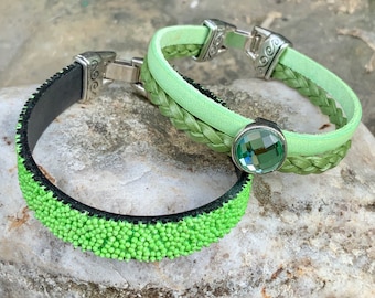Lime Green Leather Stacking Bracelet Swarovski Crystal Handmade