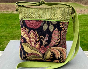 Bohemian Fabric Crossbody Bag Lime Green Floral Travel Everyday Organizer Medieval Tapestry Medium Size