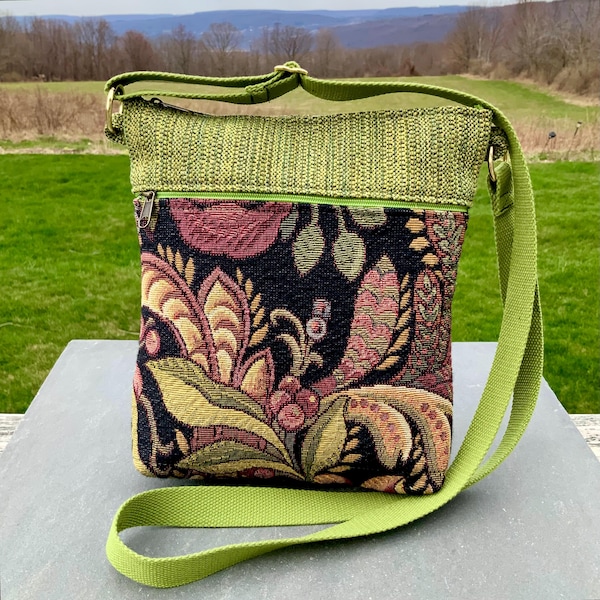 Bohemian Fabric Crossbody Bag Lime Green Floral Travel Everyday Organizer Medieval Tapestry Medium Size