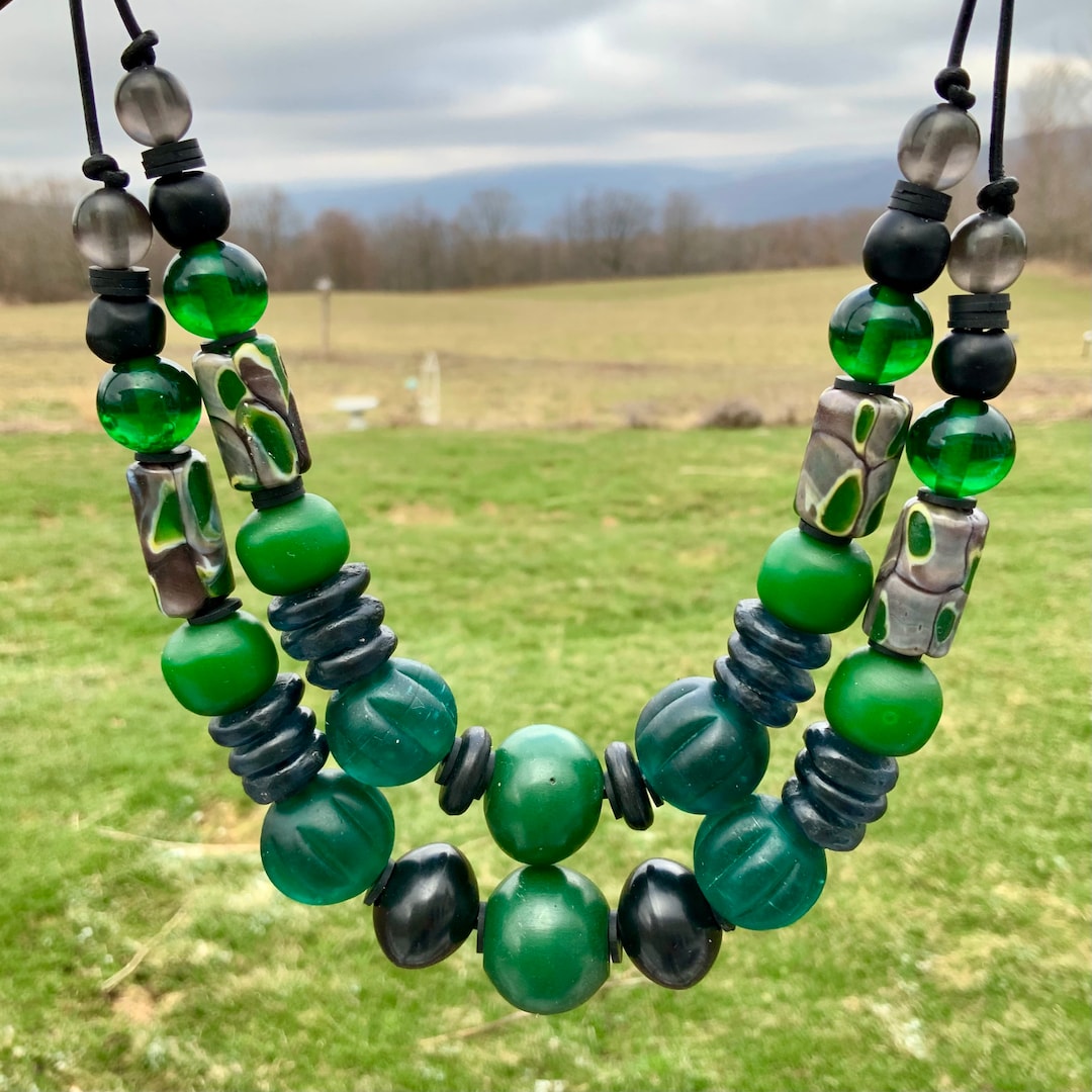 Black & Green African Bead Necklace Emerald Green Copal African