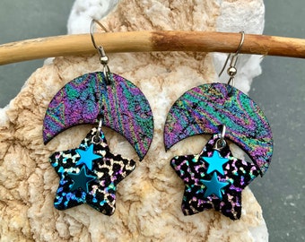 🌙 Boucles D'Oreilles Étoile Et Croissant De Lune Noires - Style Magicien/Sorcière - Neuf Artisanal