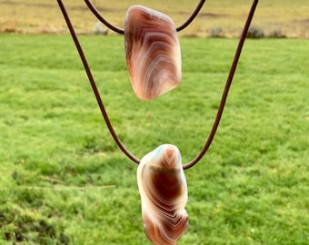 Gemstone & Leather Necklace Botswana Agate Healing Stone Man Jewelry Simple Minimalist Tribal