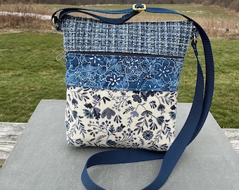 Navy Blue & White Crossbody Bag Floral Tapestry Medium Size Everyday Organizer Upcycled Upholstery Fabric
