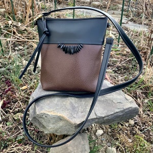 Faux Leather Crossbody Bag Vegan Bag Small Shoulder Bag Black & Brown Evening Bag Boho Purse Everyday Handbag Healing Stone Statement Bag